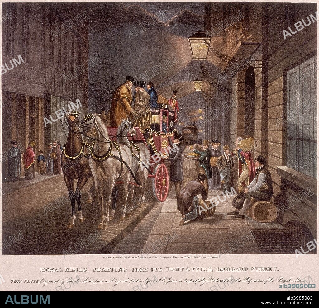 The Royal Mail beginning its journey from the General Post Office, in Lombard Street, London, 1827. With figures in the coach and on the pavement, including a fruit seller.