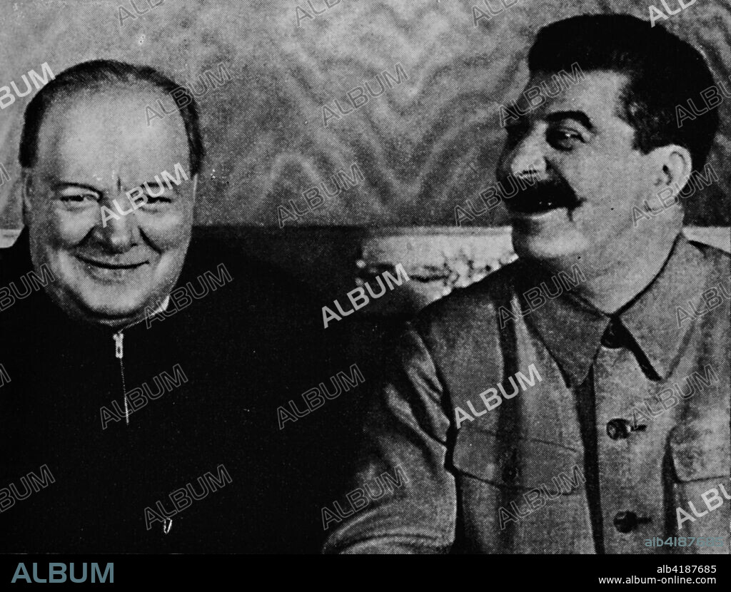 'Joseph Stalin and Mr. Churchill (1942)', (1945). British Prime Minister Winston Churchill with Russian leader Joseph Stalin (1879-1953) during a visit to Russia in World War Two. Churchill (1874-1965) was Prime Minister of the United Kingdom from 1940 to 1945, and again from 1951 to 1955. From "The Life and Times of Winston Churchill", by Malcolm Thomson. [Odhams Press Limited, London].