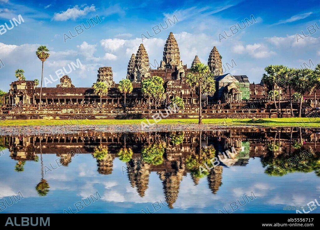 Angkor Wat temple, Cambodia iconic landmark with reflection in water.