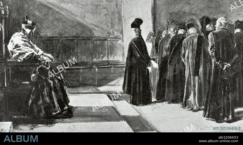 Marino Faliero (1285-1355). Dux de Venecia de 1354-1355. "Marino Faliero ante el consejo de los Diez donde acepto haber participado en la conspiración para un golpe de estado. Fue condenado a muerte". Grabado de La Ilustración, 1896.
