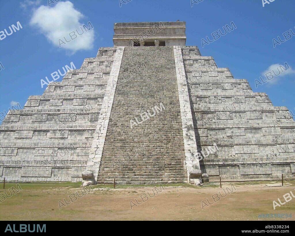 La Piramide, known as the Temple of Kukulca, a Mesoamerican step-pyramid that dominates the centre of the Chichen Itza archaeological site in the Mexican state of Yucatan. The pyramid building is more formally designated by archaeologists as Chichen Itza Structure 5B18. Built by the pre-Columbian Maya civilization between the 8th and 12th centuries AD, the pyramid served as a temple to the deity Kukulcan, the Yucatec Maya Feathered Serpent deity closely related to Quetzalcoatl.