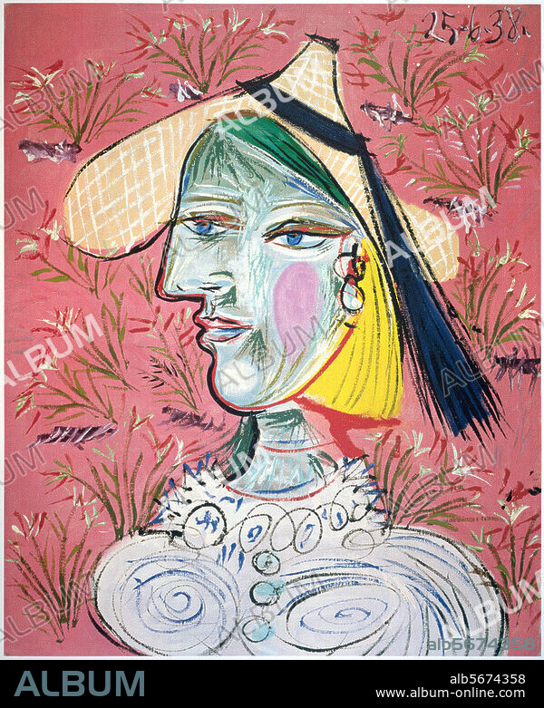 PABLO PICASSO. Picasso, Pablo 1881-1973. "Femme au chapeau de paille sur fond fleuri" (Marie-Therese in a Straw Hat), 1938. Oil on canvas, 60 × 73cm. Private Collection, Switzerland.
