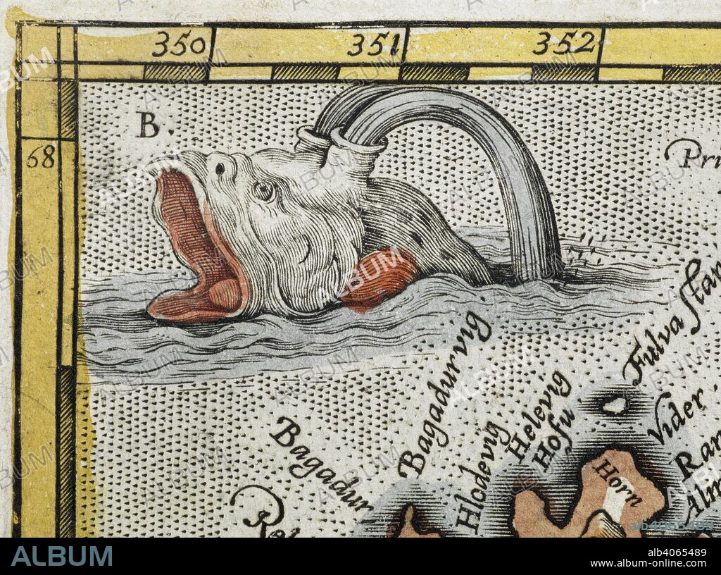 ABRAHAM ORTELIUS. (Detail). A sea monster. [Typus orbis terrarum] (main title of album, containing 90 maps). Antwerp. 1598. Source: Maps C.2.d.7.(2).