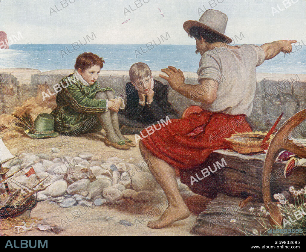 Saint Brendan of Clonfert, c. AD 484 c. 577, aka the Navigator, the Voyager, the Anchorite, and the Bold. Early Irish monastic saint and one of the Twelve Apostles of Ireland. The Voyage of Saint Brendan the Abbot when he finds Judas Iscariot sitting unhappily on a cold, wet rock in the sea, and learns that this is his respite from Hell for Sundays and feast days. Brendan protects Judas from the demons of Hell for one night. From The Book of Saints and Heroes, published 1912.