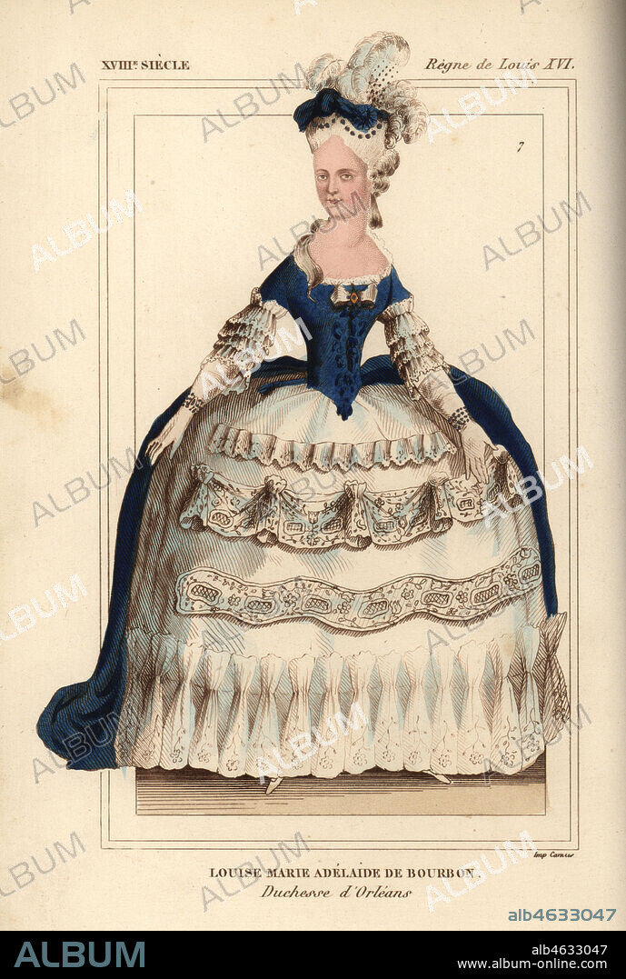 Louise Marie Adelaide de Bourbon, Duchess of Orleans 1753-1821. Handcoloured lithograph from Le Bibliophile Jacob aka Paul Lacroix's Costumes Historiques de la France (Historical Costumes of France), Administration de Librairie, Paris, 1852.