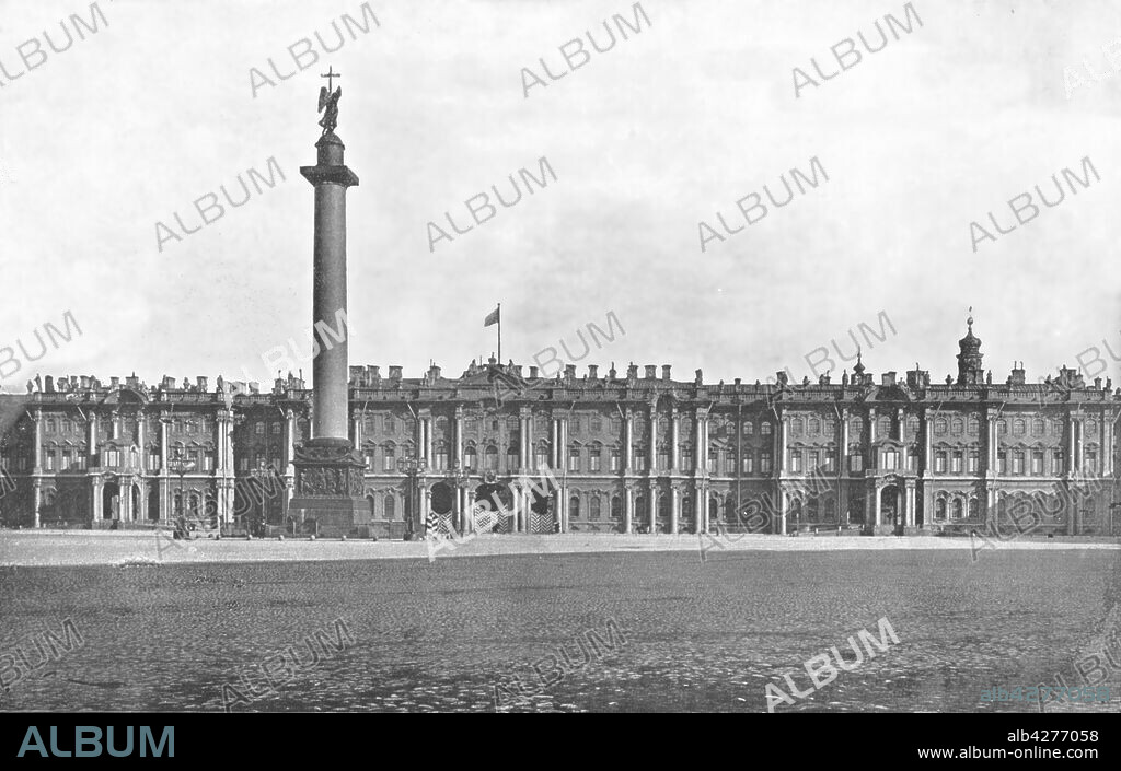 The Winter Palace, St Petersburg, Russia, 1895. The Alexander Column, erected in honour of Tsar Alexander I, and the Winter Palace, built in the Elizabethan Baroque style. From "Round the World in Pictures and Photographs: From London Bridge to Charing Cross via Yokohama and Chicago". [George Newnes Ltd, London, 1895].