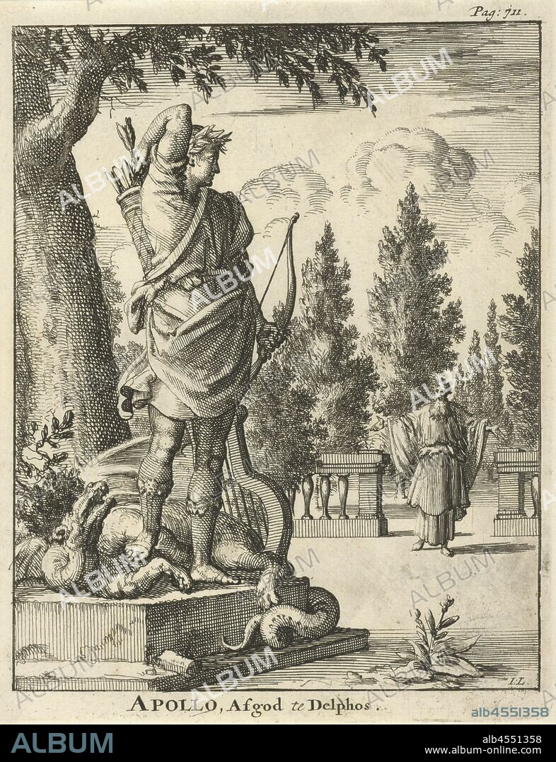 Statue of Apollo Apollo, Idol at Delphos (title on object), Print upper right: Pag: 711, (story of) Apollo (Phoebus), Apollo shoots Python, the dragon, statues, paintings, etc., objects of worship in Roman religion, Jan Luyken (mentioned on object), Amsterdam, 1686, paper, etching, h 171 mm × w 132 mm.