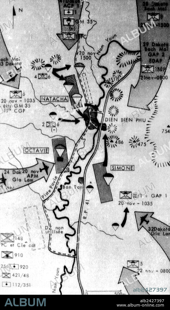 Battle of Dien Bien Phu 1954-Sketch of 'Beaver' Operation: French army let the parachute troupe into Dien Bien Phu from 20 to 22 Novembre 1953.
