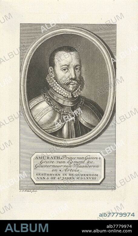 Portrait of Lamoraal, count van Egmond, Portrait bust in oval to the right of Lamoraal, in armor. A chain with the symbol of the Order of the Golden Fleece hangs around his neck. Below the oval his name, titles and date of death are mentioned., Knighthood order of the Golden Fleece, Lamoral Count of Egmond, Christian Friedrich Fritzsch (mentioned on object), 1753 - 1774 and/or 1786, paper, etching, h 181 mm × w 113 mm.