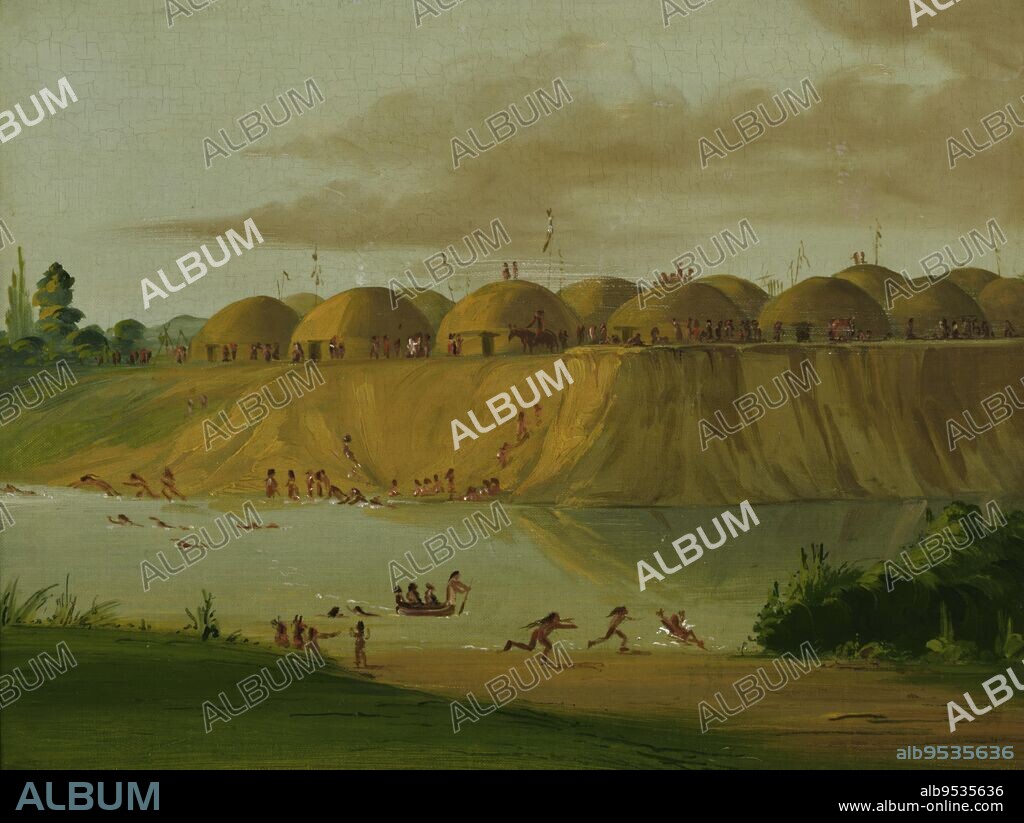 GEORGE CATLIN. Hidatsa Village, Earth-covered Lodges, on the Knife River, 1810 Miles above St. Louis. oil on canvas. Date: 1832.