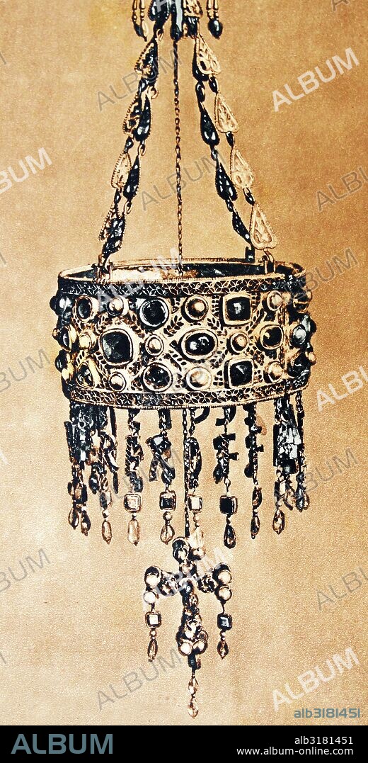 The Treasure of Guarrazar; an archaeological find of twenty-six votive crowns and crosses belonging to the Kings of the Visigoths. 7th century AD; Hispania. Discovered at Guadamur; Province of Toledo; Castile-La Mancha; Spain;.