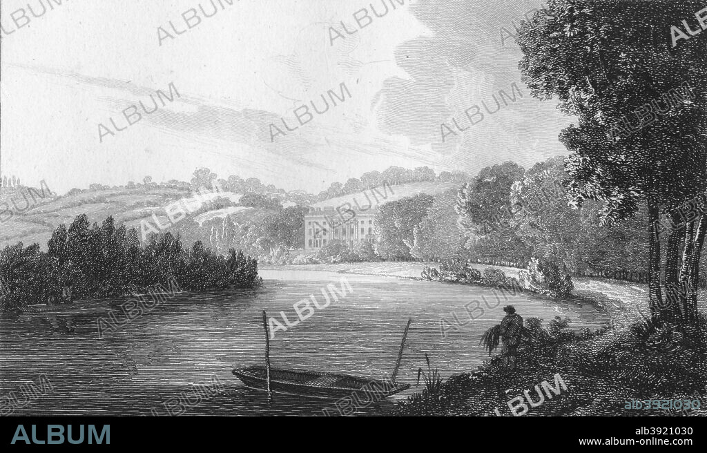 'Beaumont Lodge, Lord Ashbrooke', 1810. The estate lies by the River Thames, In 1805 the Beaumont property was bought for about £14,000 by Viscount Ashbrook, a friend of George IV. After his death in 1847, his widow continued to reside there until 1854, when she sold it to the Society of Jesus as a training college.  After Samuel Owen (c1769-1857).  [Vernor, Hood & Sharpe, Poultry, London, 1810].