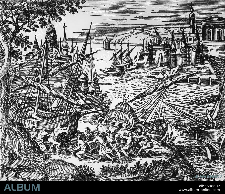 ANONYME. Chute de Constantinople / Prise de Constantinople par les ottomans sous le règne du sultan Mehmed II Fatih, le 29 mai. 1453 (mettant fin à l'empire byzantin). Siège de Constantinople, avril / mai 1453. - Traversée de la Corne d'Or par les Turcs. Gravure, 17e siècle.