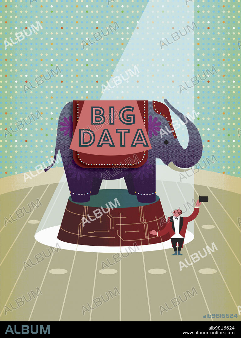 Circus ringmaster with big data elephant on circuit board pedestal.