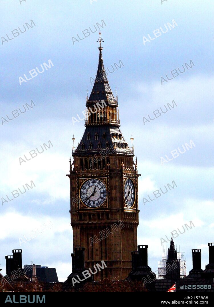 Elizabeth Tower Clock (Nicknamed 'Big Ben') at the Palace of Westminster in London. Designed by Augustus Pugin and completed in 1858 AD. (Photo by: Universal History Archive/UIG via Getty Images).