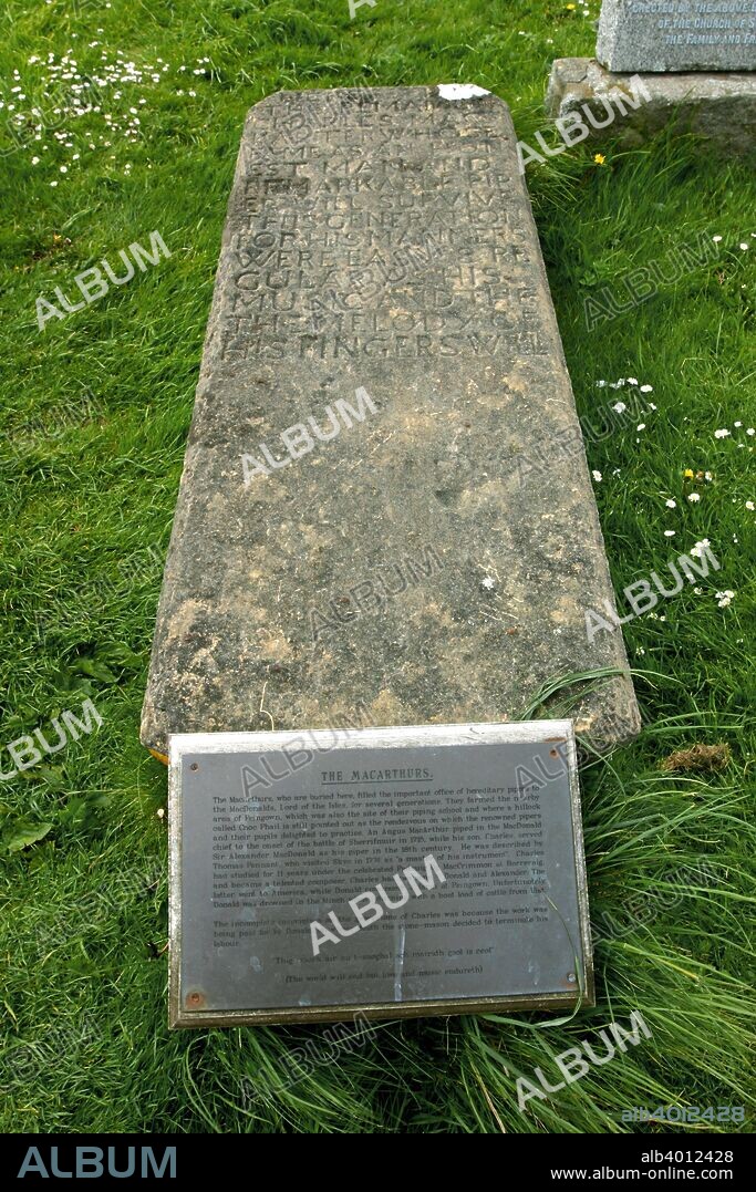 Charles MacArthur's grave, Kilmuir Graveyard, Skye, Highland, Scotland. The MacArthurs were a famous clan of pipers. Charles MacArthur (c1668-1768) was the most famous.