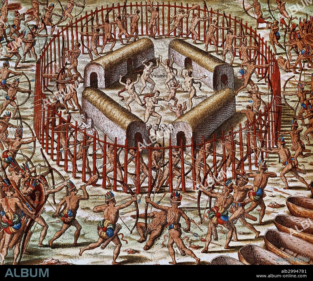 HISTORIA DE LA FLORIDA. SIGLO XVI. "La época de la llegada de los europeos a La Florida se caracterizó por las guerras tribales que se posicionaron a favor o contra de los recién llegados españoles y posteriormente con los Hugonetas franceses. En 1562 se declaró la guerra entre tres monarcas, Satouriona, Outina y Potanou. El dibujante JACQUES LE MOYNE DE MORGUES, lo inmortalizó todo en su estancia en La Florida. Obra de THEODORE DE BREY, Obra editada en Frankfurt-am-Main (Alemania) en el año 1591. Bibliothèque du Service hydrographique de la Marine París. Francia.