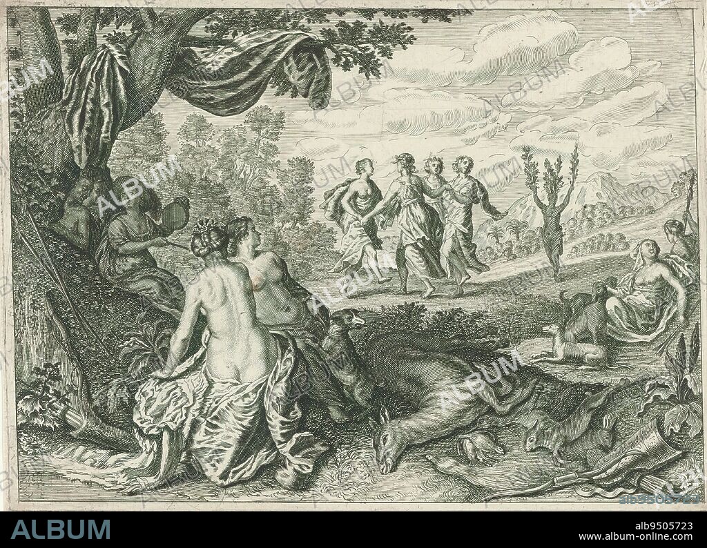 Apulian shepherd turned into an olive tree, Metamorphoses of Ovid (series title), The Apulian shepherd harasses a group of nymphs during a round dance. As punishment, he turns into a wild olive tree., print maker: Crispijn van de Passe (II), (workshop of), after design by: Dirck van der Lisse, (possibly), publisher: Crispijn van de Passe (I), (attributed to), c. 1636 - 1670, paper, engraving, height 171 mm × width 224 mm.