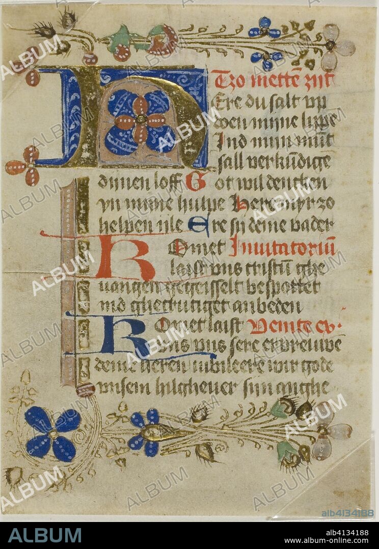 Illuminated Initial "H" from a Prayerbook. Northern German or Northeastern Netherlandish. Date: 1401-1500. Dimensions: 120 x 88 mm. Manuscript cutting in tempera and gold leaf, with Plattdeutsch inscriptions in light brown, red and blue inks, on parchment. Origin: Germany.
