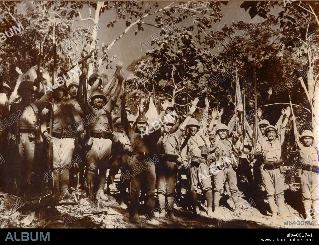 Japanese soldiers celebrate victory, Bataan, Philippines, World War II, 1942. Japanese troops invaded the Philippines, then a commonwealth of the United States of America, in December 1941. They advanced across the largest island, Luzon, with the outnumbered American and Filipino troops retreating to the Bataan Peninsula and the island of Corregidor. The American commander, General Douglas MacArthur, was evacuated from Bataan on 12 March 1942, famously vowing to return, leaving the remaining defenders to fight on stubbornly until surrendering on 9 April. The survivors were subjected to a brutal forced march to prison camps known as the Bataan Death March, on which thousands of prisoners of war died. The march was judged to be a war crime by an Allied commission after the end of the war. Corregidor surrendered to the Japanese on 6 May.