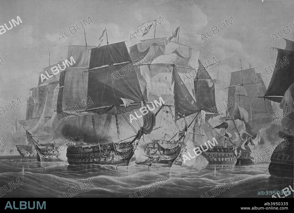 'Trafalgar', c1806. The Battle of Trafalgar was a major naval battle between the British Navy and the combined fleets of France and Spain fought on 21 October 1805 during the Napoleonic Wars. The battle was the most decisive naval victory of the war, with the French and Spanish losing 22 ships and the British none, although the British commander, Admiral Lord Nelson, was fatally wounded on board his flagship, HMs 'Victory'. From Old Naval Prints, by Charles N. Robinson & Geoffrey Holme. [The Studio Limited, London, 1924].