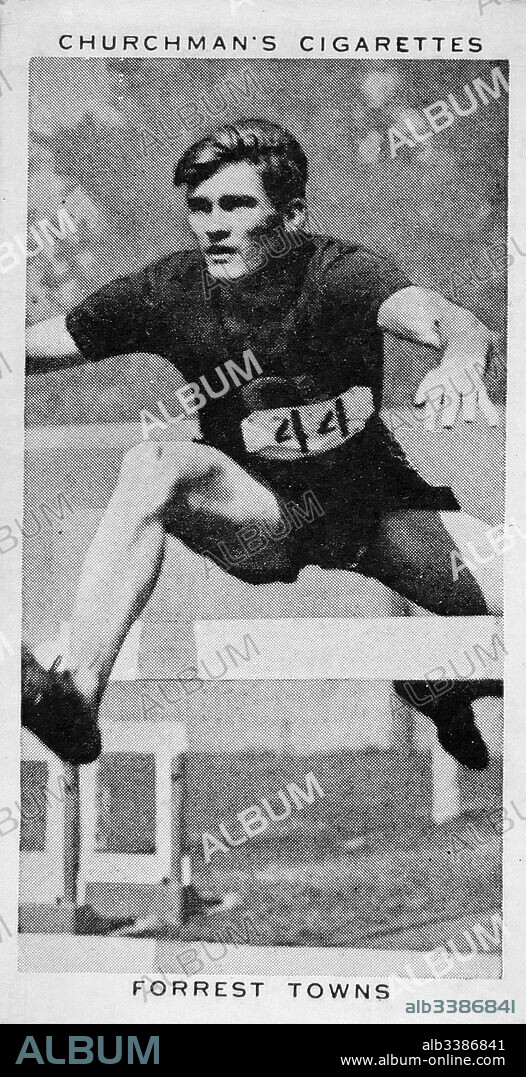 Churchman Kings of Speed Series cigarette card depicting Forrest Towns (1914-1991) an American track and field athlete. He was the 1936 Olympic champion in the 110 m hurdles, and broke the world record in that event three times. Dated 20th Century.
