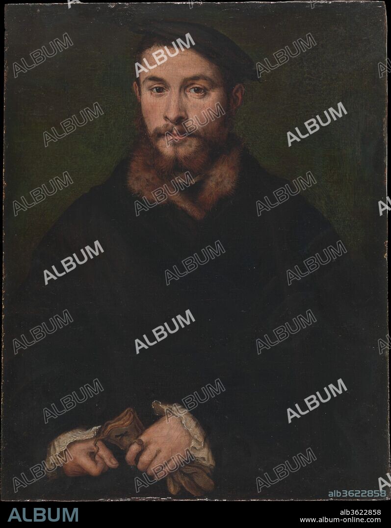 Portrait of a Man with Gloves. Artist: Corneille de Lyon (Netherlandish, The Hague, active by 1533-died 1575 Lyons). Dimensions: 8 3/8 x 6 1/2 in. (21.3 x 16.5 cm). Date: ca. 1535.

Because this portrait is closely related to Corneille's only documented painting (Louvre, Paris), it is a touchstone for attributions to the artist. Corneille pays particular attention to details of personal adornment: the fur collar, the ring on his index finger, and the ruffled cuffs of his shirt. Here Corneille includes the sitter's hands, emphasized by the expensive gloves he holds. This work seems to reflect the artist's northern roots and early style, whereas the surrounding portraits exhibit a more refined, courtly style that the artist developed in France.
