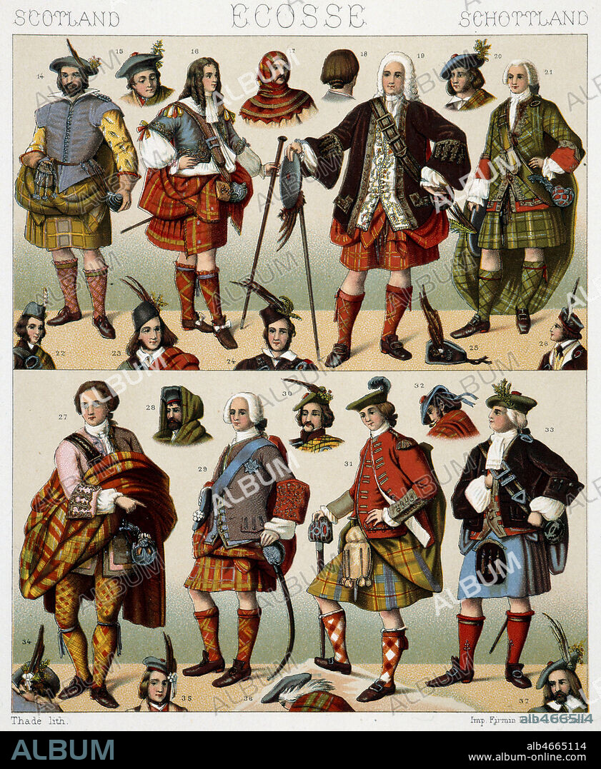 Costumes nationaux en Ecosse, originaires de differents clans, n° 14 : Skenes sous Jacques VI (roi d'Ecosse 1587-1605), 15 : Graennes, 16 : Robertson, 17 : Mac Ivor, 18 : Grant de Glenmoriston, 19 : Mac Intoshes (au 18ieme), 20 : Mac Leod, 21 : Forbes (costume de la cour en 1740), 22 : Mac Donell de Glengarry, 23 : Frasers, 24 : Chisholms (Highland), 25 : Campbells de Breadalbane, 26 : Menzies, 27 :Ogilvies (gentleman highlander de 1745), 28 : Davidsons (Highland de l'ouest), 29 : Charles-Edouard, des Stuarts (organisateur du soulevement de 1745), 30 : Buchanan, 31 : William comte de Sutherlands, des Kennedys vers 1759, 32 : Mac Machtans, 33 : Mac Intires (Highlander du 18eme), 34 : Murrays, 35 : Mac Donald du clan Ranald, 36 : Mac Aulays, 37 : Mac Lean. Illustration in le Costume Historique par Albert RACINET (19 S.), publie entre 1876 et 1888. Credit : Collection KHARBINE-TAPABOR.