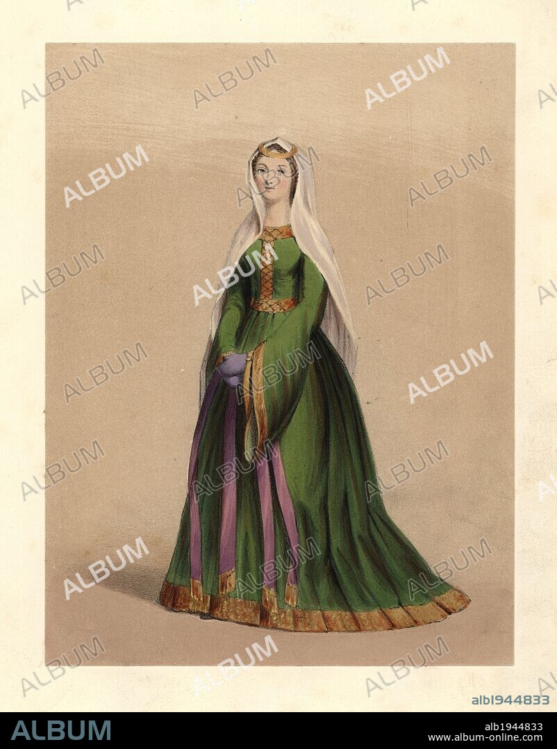 Anglo-Norman Lady from the reign of King William I, the Conqueror, 1066-1087. She wears a long green full dress with long flared sleeves, a veil and gold diadem. Cotton MS (Nero C.4) in the British Museum. Handcoloured lithograph from "Costumes of British Ladies from the Time of William the First to the Reign of Queen Victoria,” London, Dickinson & Son, 1840. 48 mounted plates of women's fashion from 1066 to 1840 based on effigies, manuscripts, portraits, prints and literary descriptions.