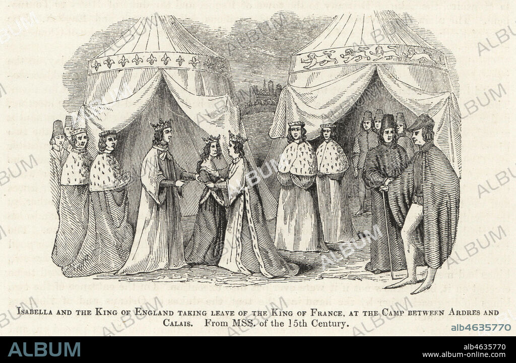 Isabella of Valois, daughter of King Charles VI of France, given in marriage to King Richard II of England in a tent between Ardres and Calais, 1396. The 7-year old princess is hugged by the 29-year-old king in front of courtiers in ermine and tents with fleur-de-lys and lions. Woodcut after an illuminated manuscript from Sir John Froissart's Chronicles of England, France, Spain and the Adjoining Countries, from the Latter Part of the Reign of Edward II to the Coronation of Henry IV, George Routledge, London, 1868.