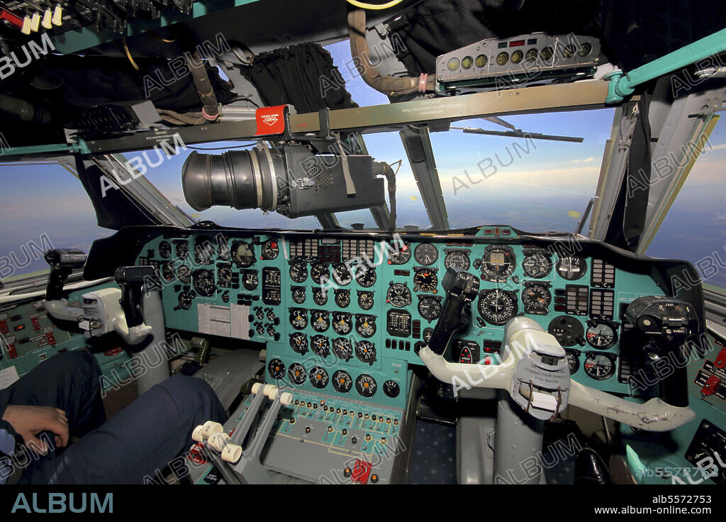 Interior cockpit view of an IL-76MD military transport aircraft of the Russian Air Force.