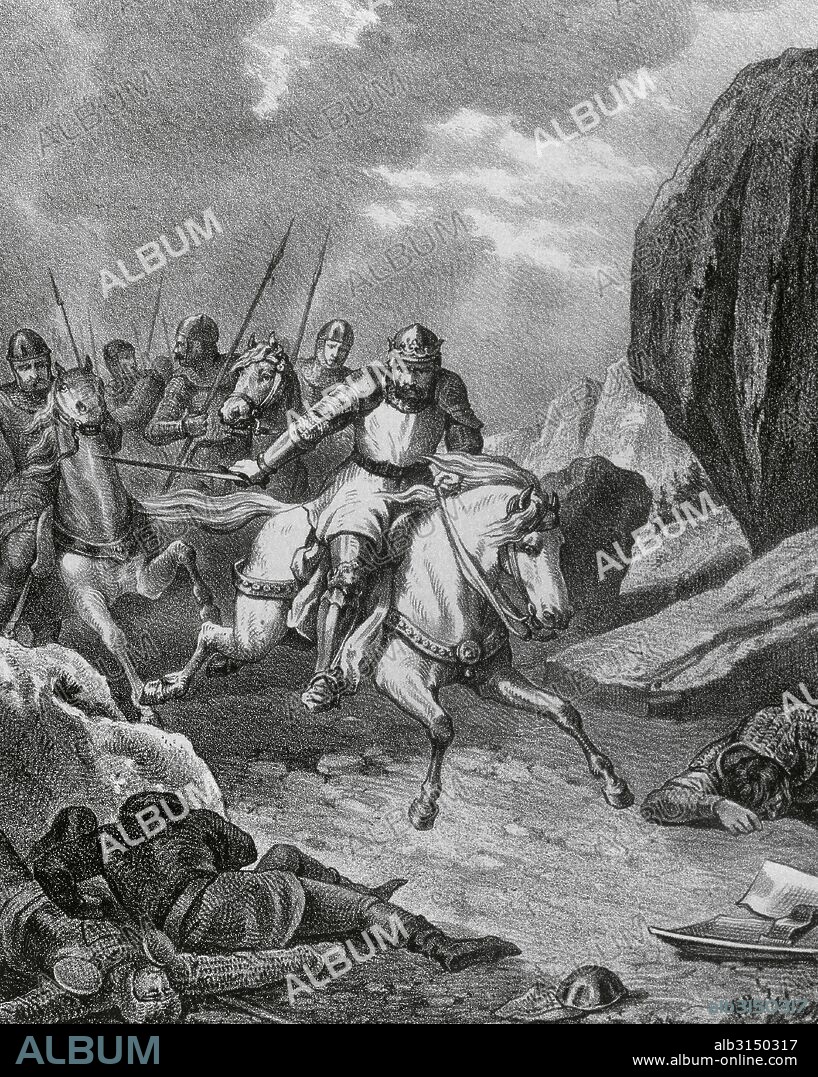 "BATALLA DE ALJUBARROTA" (14 de agosto de 1385). Combate acontecido en Aljubarrota (Portugal) entre tropas portuguesas e inglesas al mando de Juan I de Portugal y su condestable Nuno Alvarez Pereira, y el ejército castellano de Juan I de Castilla. El resultado fue la derrota de los castellanos y la consolidación de Juan I como rey de Portugal. "Historia de España ilustrada", por Rafael del Castillo, año 1871. Grabado.
