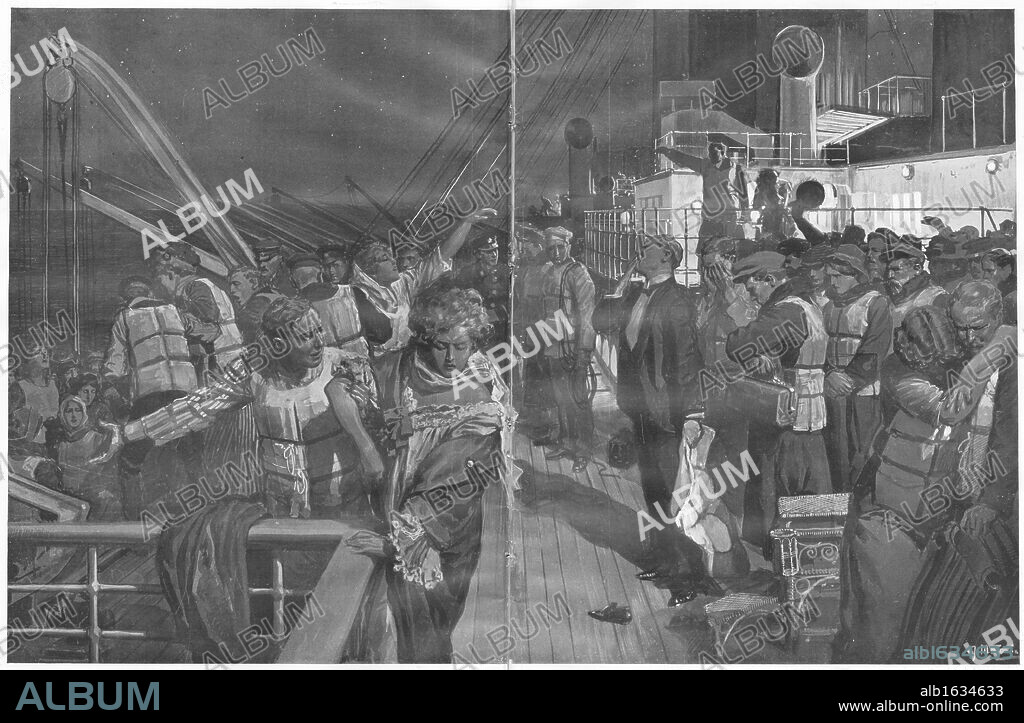 Titanic passengers. Illustrative reconstruction of 'How passengers and crew faced the situation on the Titanic' entitle 'The Women and Children First'. The drawing shows men helping women into lifeboarts and saying goodbye to their loved ones. Titanic was built by Harland & Wolff in Belfast Ireland during 1910 - 1911, and sank on 15th April, 1912, after striking an iceberg off the coast of New Foundland during her maiden voyage from Southampton, England to New York, USA, with the loss of 1,522 passengers and crew. (Photo by Titanic Images/Universal Images Group).