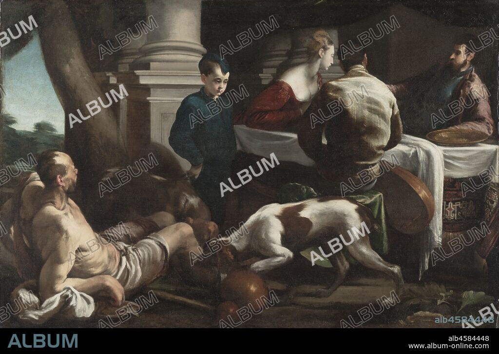 Lazarus and the Rich Man, c. 1550. The Biblical parable of Lazarus and the Rich Man (Luke 16:19-21) tells of a man who feasted and celebrated every day, while a beggar named Lazarus sat starving nearby. Dogs came to lick the sores on the poor man's body. However, when the two men died, Lazarus was welcomed into heaven, while the rich man was consigned to hell.