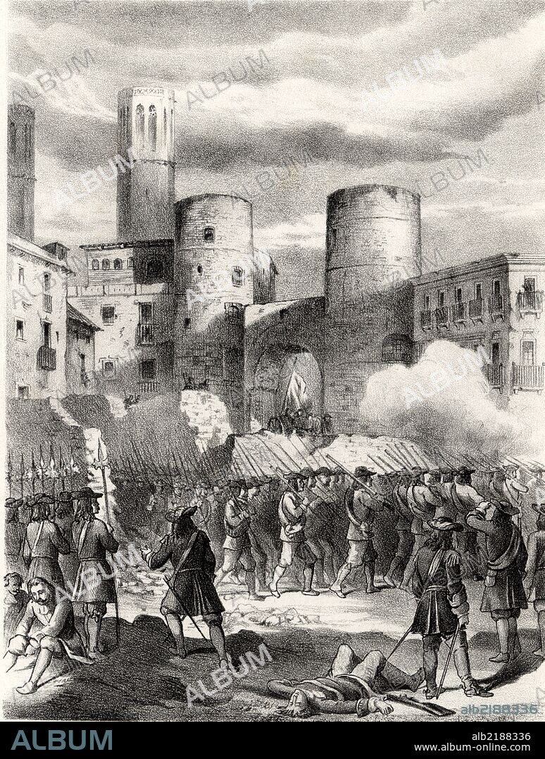España. Francia. Guerra de los nueve años. La guarnición de Barcelona saliendo de la ciudad ante las tropas francesas mandadas por el Duque de Vendome, el 10 de agosto de 1697.