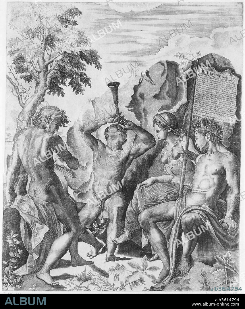 The Competition of Apollo and Marsyas and the Judgment of Midas. Artist: Giulio Sanuto (Italian, active 1540-88); After Bronzino (Agnolo di Cosimo di Mariano) (Italian, Monticelli 1503-1572 Florence). Dimensions: Sheet (Trimmed): 20 7/16 × 16 11/16 in. (51.9 × 42.4 cm). Date: 1562.
Sanuto's engraving is based on a design by Bronzino for the inside of a harpsichord lid now in the Hermitage. Ovid had kept Apollo's musical competition with Pan, attended by King Midas (Metamorphoses 11.146-93), separate from that with the satyr Marsyas (6.382-400). Other sources, however, conflated them. The Florentine humanist Cristoforo Landino had named Midas and Minerva as judges of the contest with Marsyas, as they appear here at right. In the center, the defeated Marsyas is flayed, while in the background, Apollo punishes Midas for his bad judgment by attaching long ears to his head. Although the king hid them beneath a turban (not shown), his barber knew the truth and, sworn to secrecy, shouted it into a hole, as we see in the left foreground. The reeds that grew there whispered, "Midas has ass's ears." Sanuto has supplemented his model with the Muses from Raphael's Parnassus and a view of Venice.