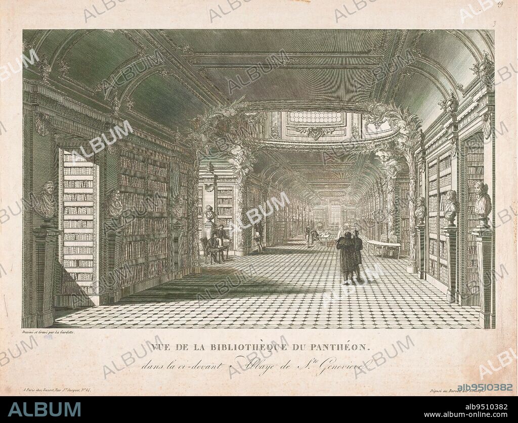 Library of the Abbey of Sainte-Geneviève in Paris, Vue de la bibliothèque du Panthéon. dans la ci-devant Abbaye de Ste Genevieve (title on object), Interior of the library with busts on columns between the bookcases. In the ceiling there is a skylight, supported by decorated pillars with putti. At the end of the room are two globes. Numbered in the upper right: 19., print maker: Pierre Claude Delagardette, (mentioned on object), after drawing by: Pierre Claude Delagardette, (mentioned on object), publisher: Basset, (mentioned on object), Paris, 1773 and/or 1790 - c. 1825, paper, etching, engraving, height 355 mm × width 458 mm.