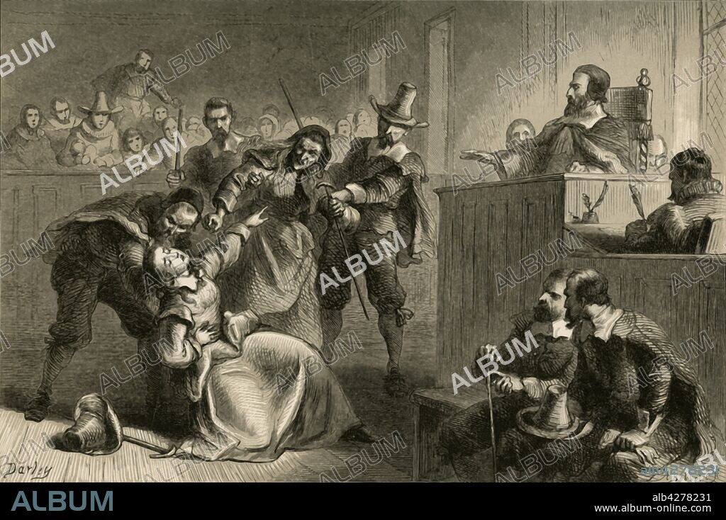 ALBERT BOBBETT. 'Edmund Cheeseman's Wife Before Governor Berkeley', (1877). William Berkeley, the governor of Virginia (in what is now the United States), attempted to suppress a rebellion by his cousin Nathaniel Bacon in 1676-1677. Here Lydia, the wife of the rebel Edmund Cheeseman, faints as he is condemned for treason by Berkeley. A toothless old woman is restrained from attacking her. From "Our Country: a Household History for All Readers, from the Discovery of America to the Present Time", Volume 1, by Benson J. Lossing. [Johnson & Miles, New York, 1877].