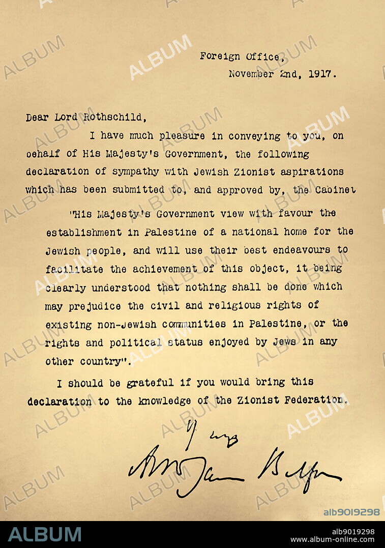 Letter from the Foreign Office to Lord Rothschild known as the 'The Balfour Declaration'. Dated 20th Century.