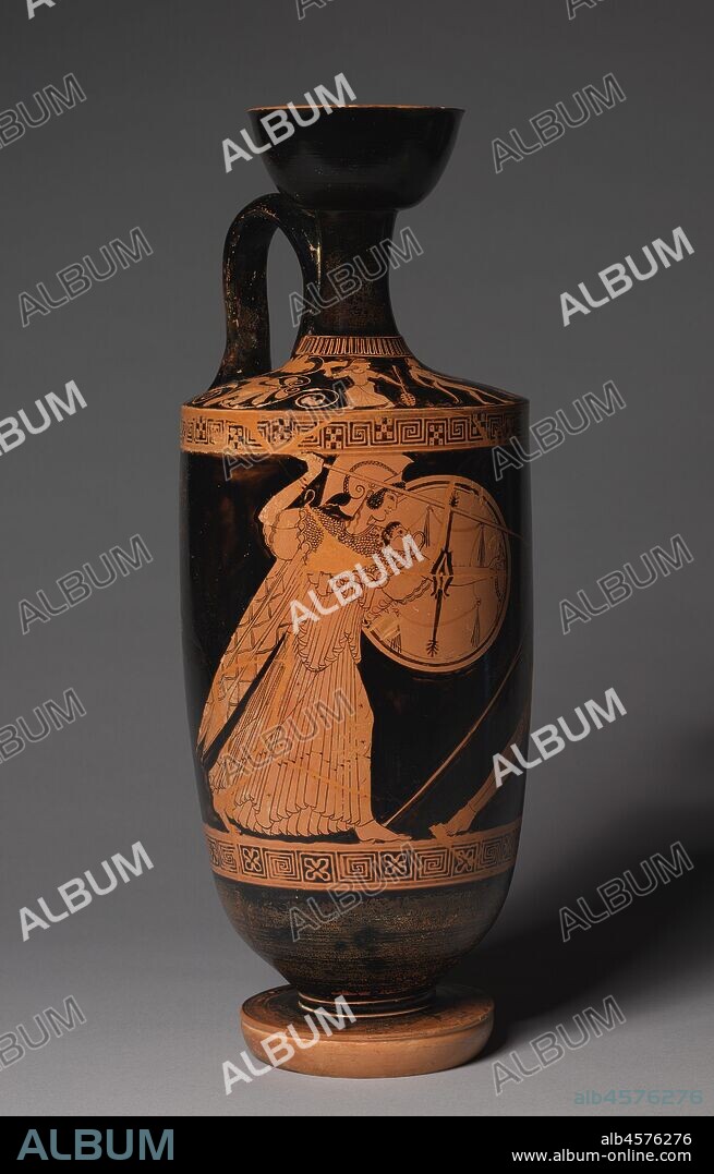 Lekythos, c. 490 BC. Douris was a most versatile painter, creating scenes of great delicacy, as on the Atalanta lekythos (1966.114), and scenes of great power, as here. In the mythological War of the Gods and Giants (Gigantomachy), Athena slays the giant Enkelados with her spear. He reels backward, his eyes rolling skyward. The giant's broken spear is a beautiful compositional bridge between the two figures. This scene may depict the victory of the Greeks (represented by Athena) over the Persians (represented by the Giant) at Marathon in 490 BC.