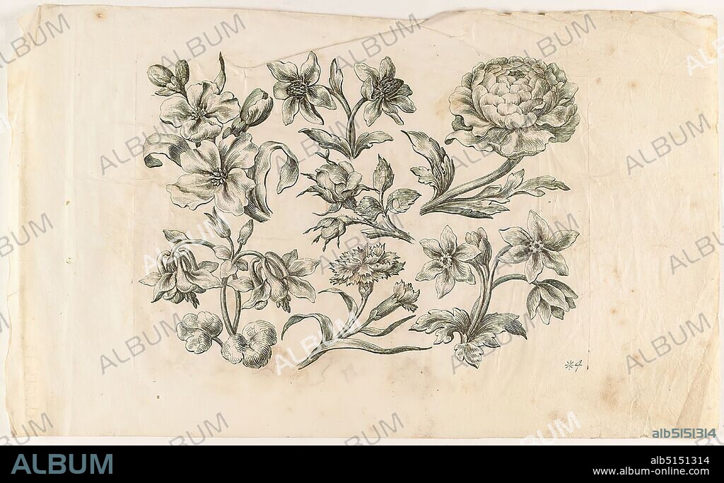 Georg Martin Preißler, Johann Christoph Schmidhammer, scattered flowers, paper, copperplate engraving, copperplate engraving on ribbed paper, sheet size: height: 18.30 cm; width: 30.50 cm, numbered in the plate: 4, prints, printed matter, flowers, botany, scattered flowers, sheet 4 from the series of flower depictions, edited by J. C. Schmidhammer, publishing house number 88. design probably by Georg Martin Preißler (1700-1754).