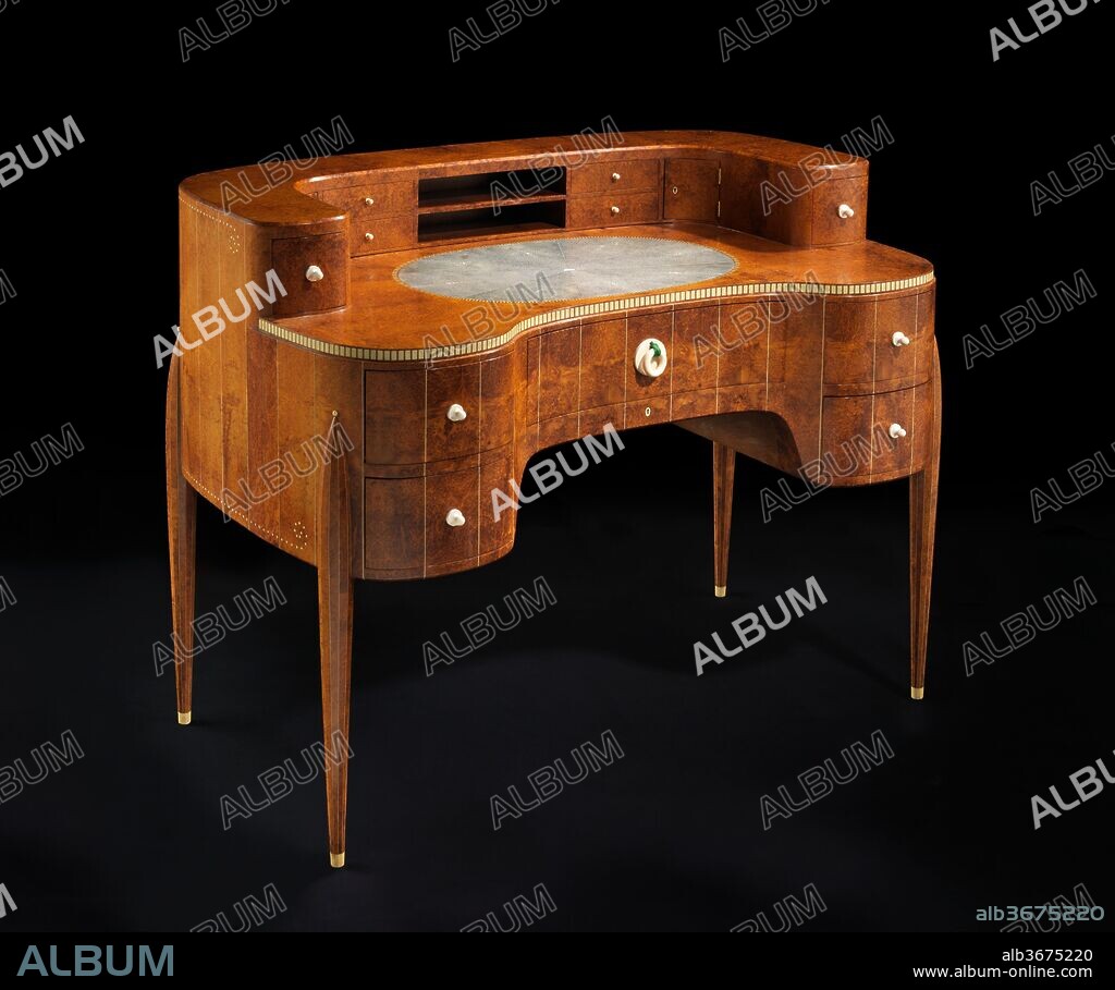 "David-Weill" Desk. Designer: Émile-Jacques Ruhlmann (French, Paris 1879-1933 Paris). Dimensions: 37 1/2 x 47 1/2 x 29 1/2in. (95.3 x 120.7 x 74.9cm). Date: ca. 1918-19.
This desk is based on French and English kidney-shaped desks of the late eighteenth century known as "rognon" (kidney) desks; the link to historical precedent would have been obvious-- even desirable--to the client who commissioned it: David David-Weill (1871-1952), an Americanborn French financier who worked at Lazard Frères, his family's bank. A serious art collector, he bequeathed more than two thousand works to French and American museums. His greatest interest lay in the arts of eighteenth-century France, with which he decorated his home. Accordingly, Ruhlmann designed the desk specifically to harmonize with these surroundings, and David-Weill used a Louis XVI armchair with it. The aesthetic elegance, material sumptuousness, and high-quality craftsmanship of Ruhlmann's furniture hold their own against eighteenth-century masterpieces.