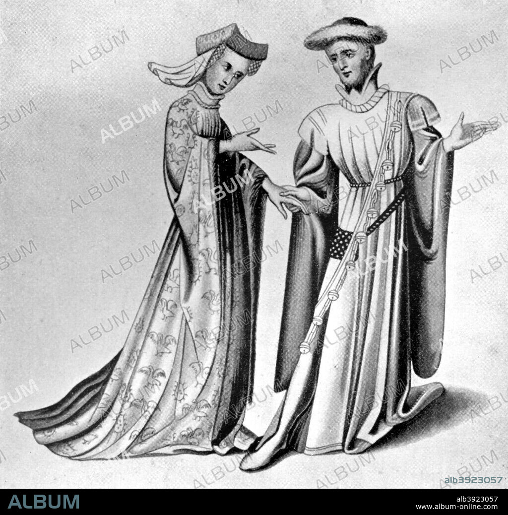 Male and female dress, late 14th-early 15th century, (1910). Dress of the time of Henry IV, (1399-1413). The male houppelande has lost its dagged sleeves, although the shoulder epaulettes retain traces of dagging. The baldrick, hung with bells, was a fashion introduced from Germany. The belt is worn round the waist rather than the hips, and the bagged sleeves became fashionable in about 1400. Illustration from British Costume during 19 Centuries by Mrs Charles H Ashdown, (London, 1910).