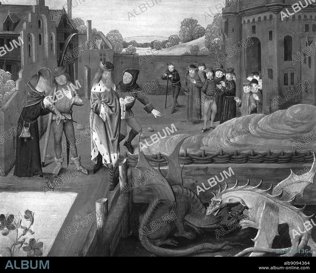 Interpreted by Merlin to Vortigern a Saxon victory over the Britons symbolized as the Red Dragon vanquished by the White.