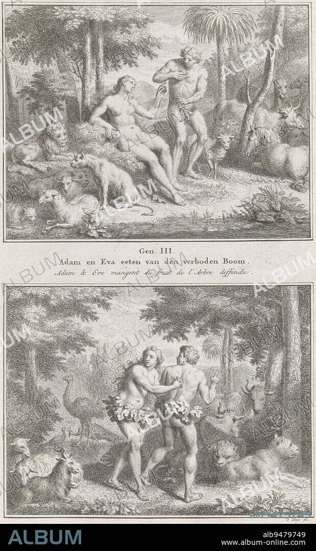 Adam and Eve eating of the fruit / Adam and Eve hiding, Pieter Tanjé, 1791, Two Biblical representations. Above: Adam and Eve amidst the animals in Paradise. Eve holds the apple in her hand and points to Adam. Below: Adam and Eve have dressed with fig leaves and are trying to hide from God. Below the representations a reference to the Bible texts and titles in Dutch and French., print maker: Pieter Tanjé, (mentioned on object), Amsterdam, 1716 - 1761 and/or 1791, paper, etching, engraving, h 325 mm × w 190 mm.