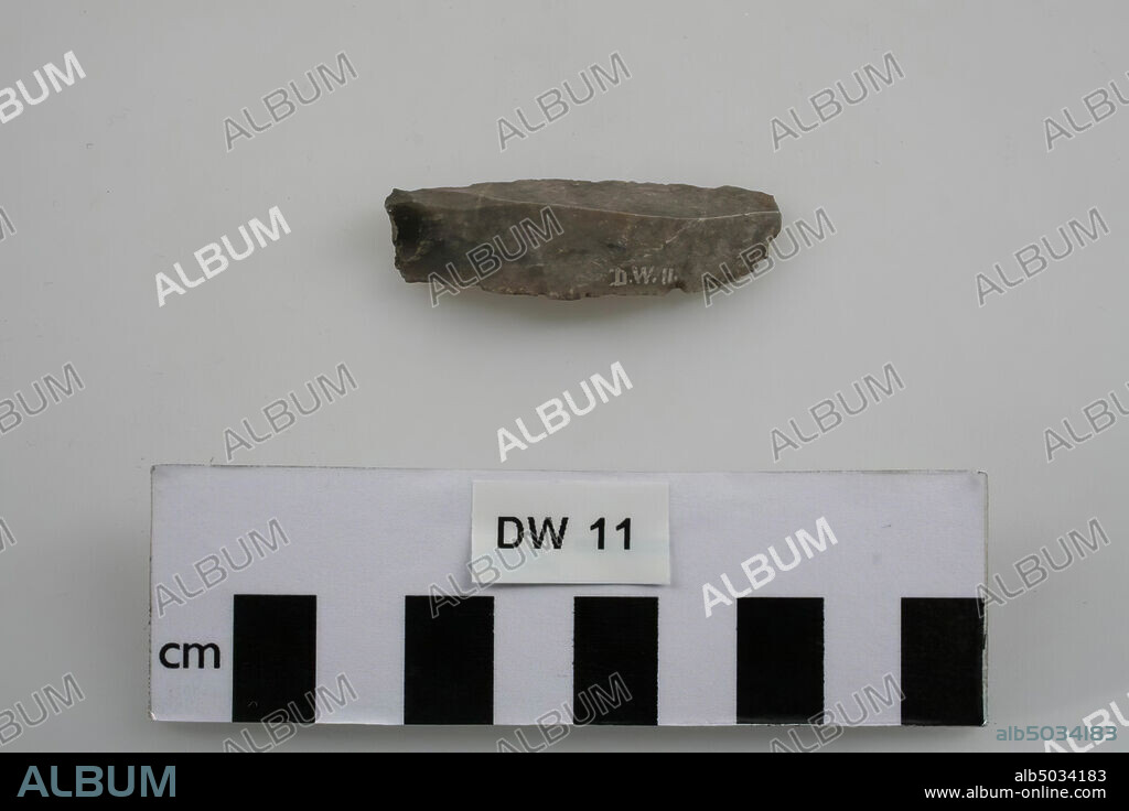 Narrow, thin flint stone tool., Tool, stone, flint, 0.5 x 2 x 5.5 cm, prehistory, Denmark, Sjaeland, unknown, unknown.