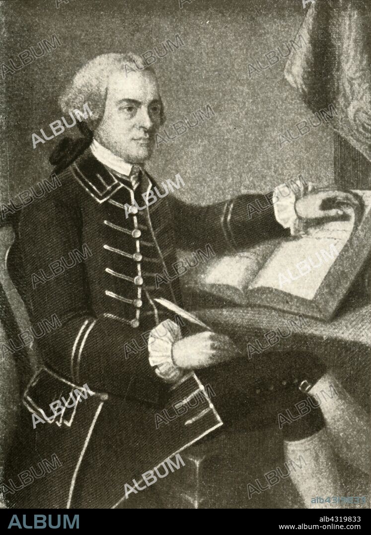 'Portrait of John Hancock, Governor of the Massachusetts Colony, showing coat with a turned-down collar and double pocket-flaps, reign of George III', c1780, (1937). John Hancock (1737-1793]  American merchant, statesman, and prominent Patriot of the American Revolution.  From "History of American Costume - Book One 1607-1800", by Elisabeth McClellan. [Tudor Publishing Company, New York, 1937].
