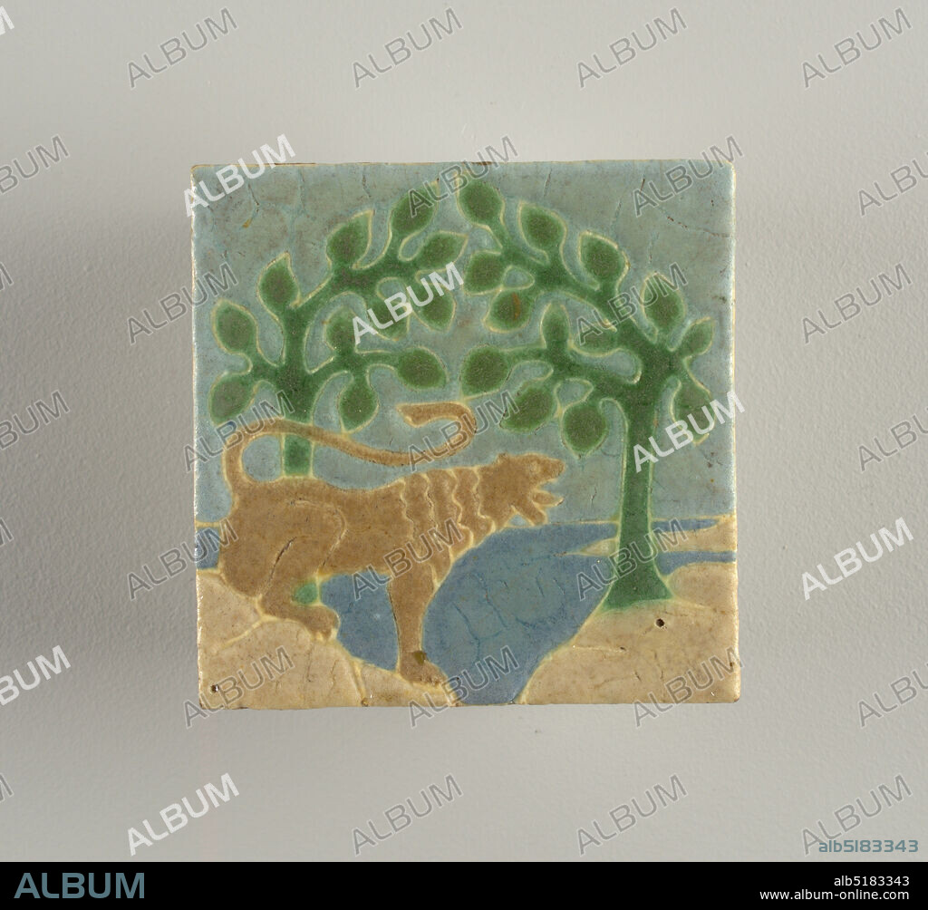 Tile, Grueby Faience Company, Revere, Massachusetts, 18951908, Formed, applied and glazed earthenware, Light buff earthenware body with press-molded design of lion on haunches backed by stylized trees and landscape. Tan, cream, light blue, and green mat glazes defined by raised partitions., Boston, Massachusetts, USA, 190209, tiles, Decorative Arts, Tile.