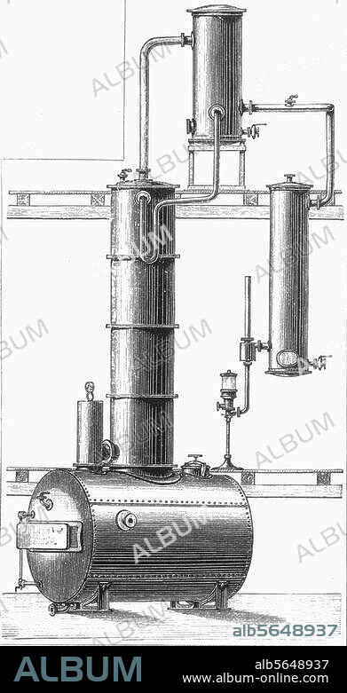 ANONYM. Technik / Farben:. "Kolonne zur Rektifikation von Teerölen". (Herstellung der künstlichen organischen Farbstoffe). Holzstich. Aus: M.Geitel (Hrsg.), Der Siegeslauf der Technik, Bd. 2, Stuttgart Berlin Leipzig, 1890.
