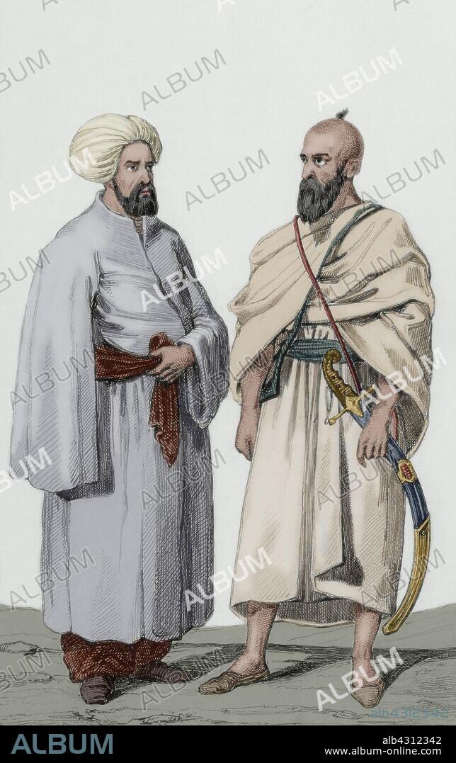 History of Arabia. From left to right: Guardian of the Sepulcher of the Prophet and Mohammedan dressed with the mantle Jeran in the days of pilgrimage. Engraving by Vernier. Lemaitre direxit. Panorama Universal. History of Arabia, 1851. Later colouration.